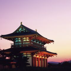 ◇s.koide 油彩画 夕焼けの法隆寺 絵画